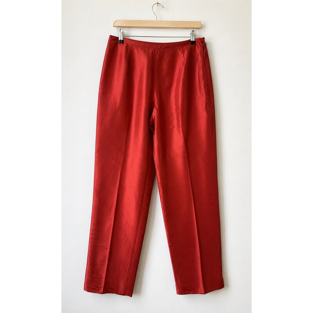 Silk Club Collection Red 100% Silk High Waisted Straight Leg Trousers Size 6
